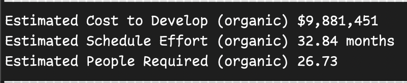 Estimated cost to develop: $9,881,451. Estimated scheduled effort: 32.84 months. Estimated people required: 26.73